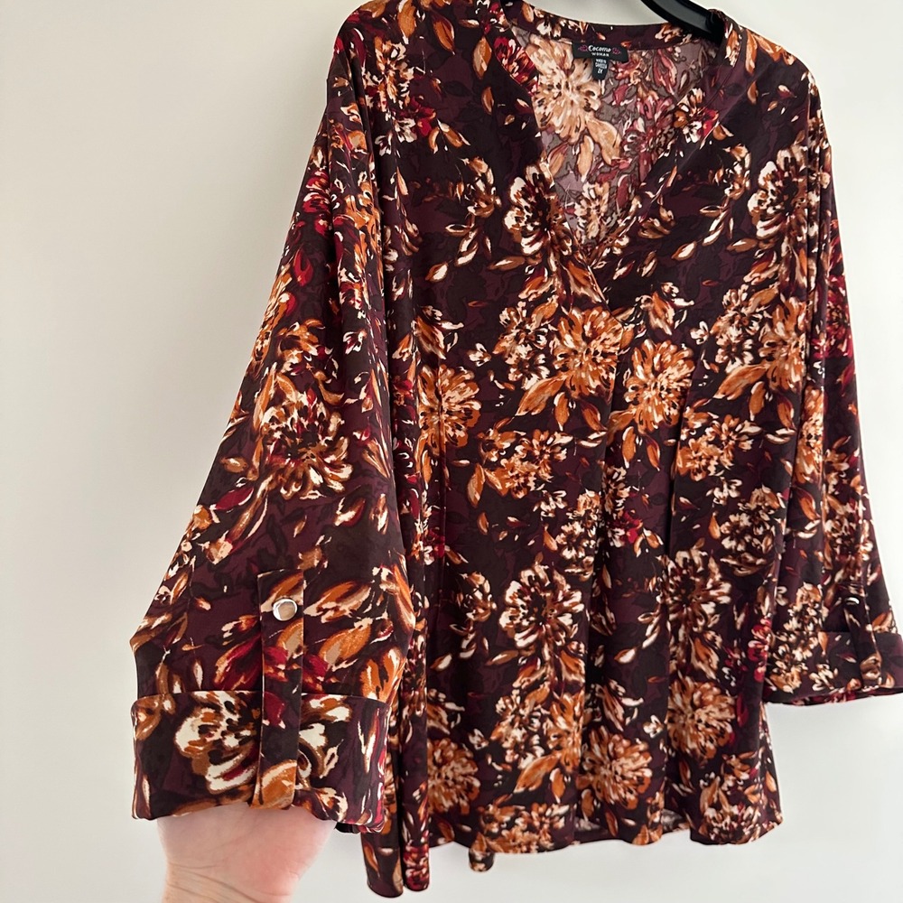 Cocomo Floral V-Neck Tunic Top Womens 2X Blouse 3/4 Sleeve Boho Fall Stretch - Picture 3 of 7